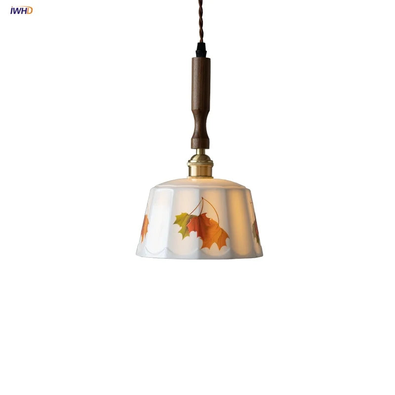 Afralia™ Brown Wood LED Pendant Light - Nordic Modern White Ceramic Hanging Lamp