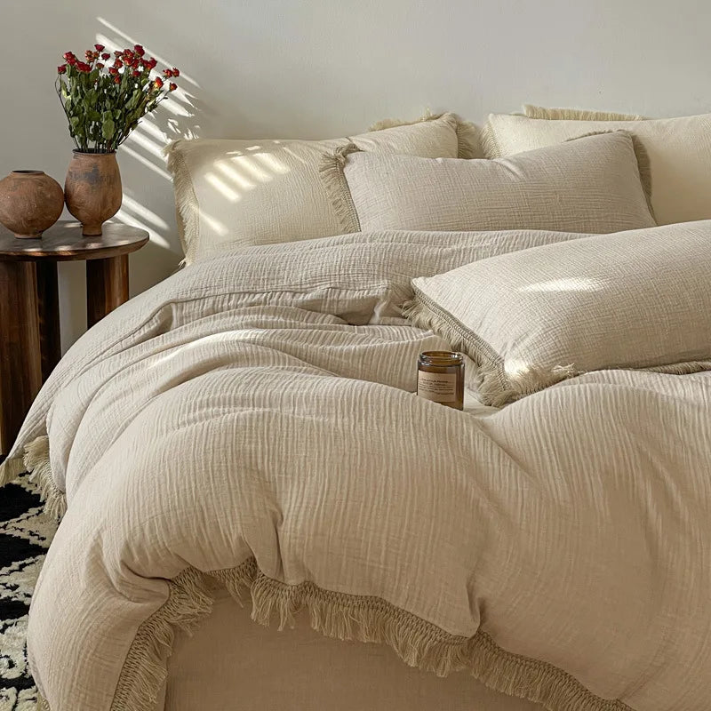 Afralia™ Pure Cotton Tassel Duvet Set Double Layered Cozy Bedclothes