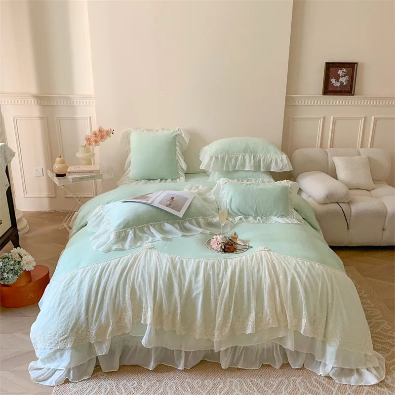 Afralia™ French Princess Velvet Bedding Set, Queen Size with Lace Ruffles