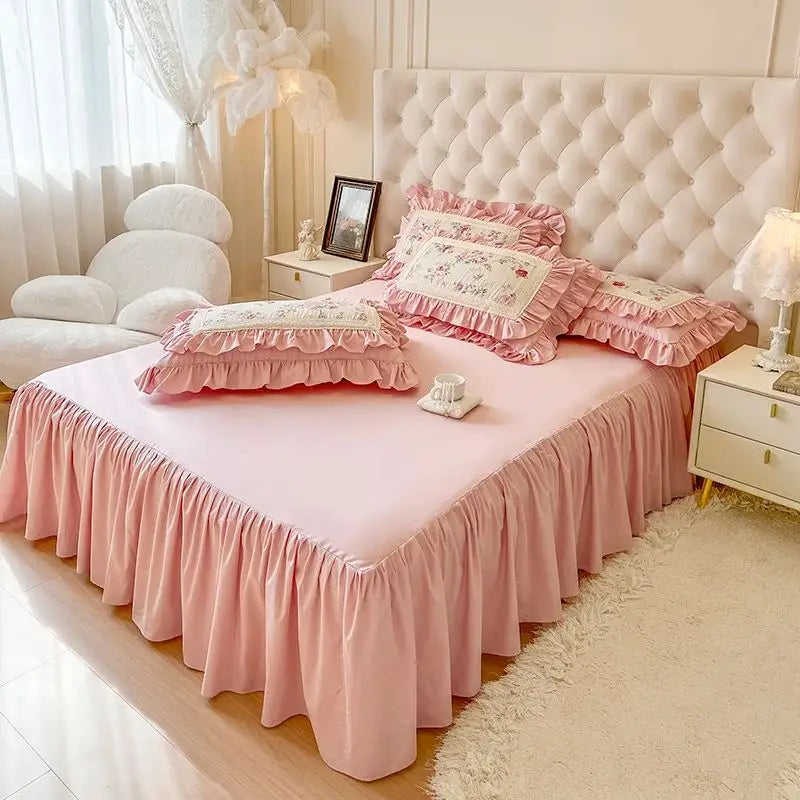 Afralia™ Pink Rose Floral Pleat Lace Ruffles 100% Cotton Bedding Set - Various Bed Sizes