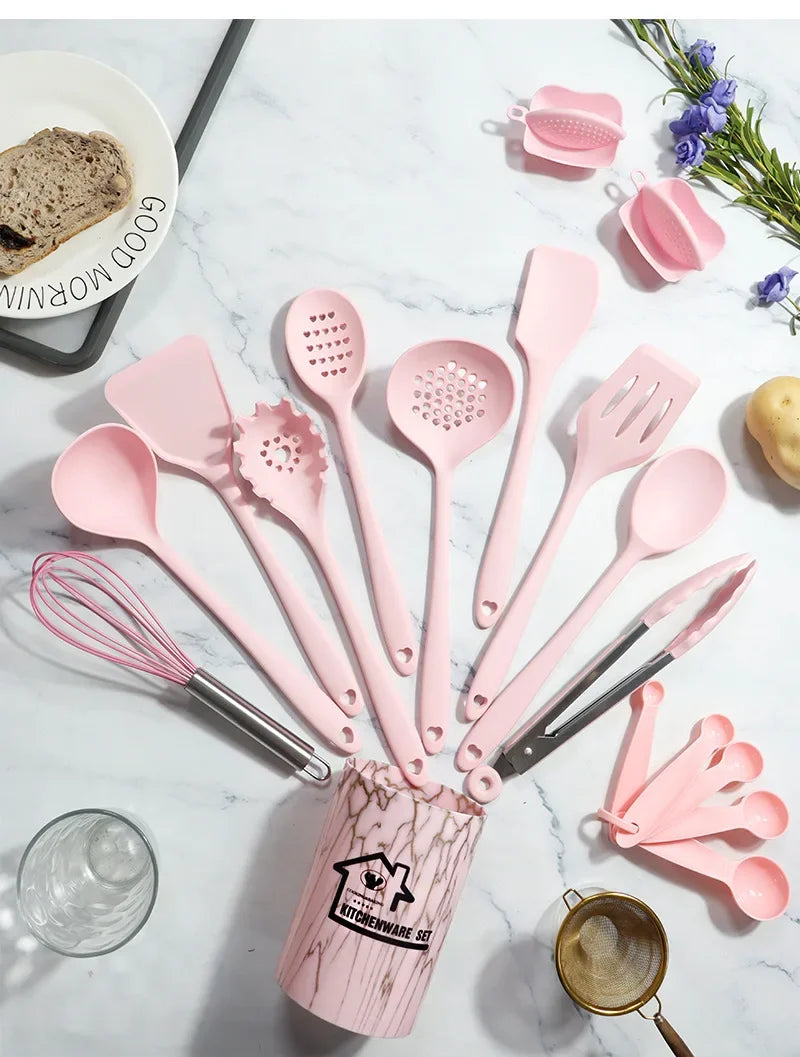 Afralia™ 18Pcs Silicone Kitchen Utensils Turner Spatula Measuring Spoon Cooking Tool Set