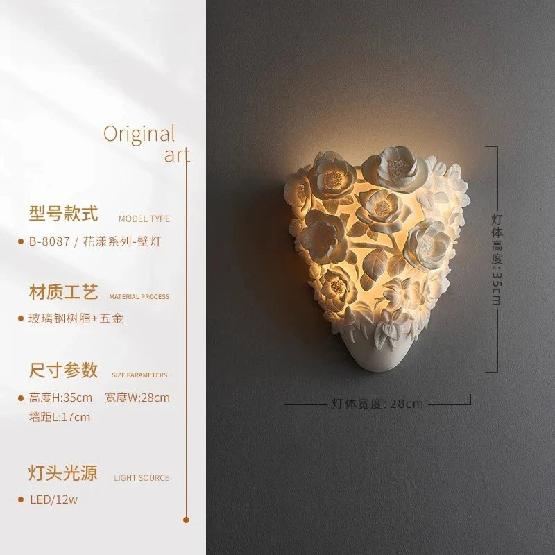 Afralia™ Romantic Carved Flower Wall Lamp LED Resin Wall Sconces for Living Room & Bedroom