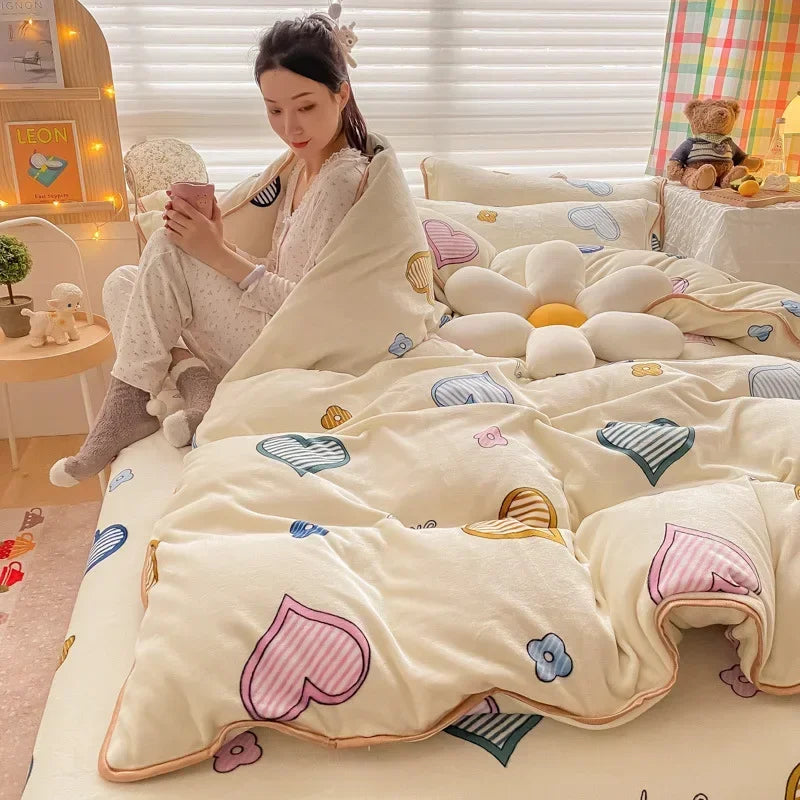 Afralia™ Polka Dot Milk Velvet Queen Bedding Set with Sheets & Pillowcases