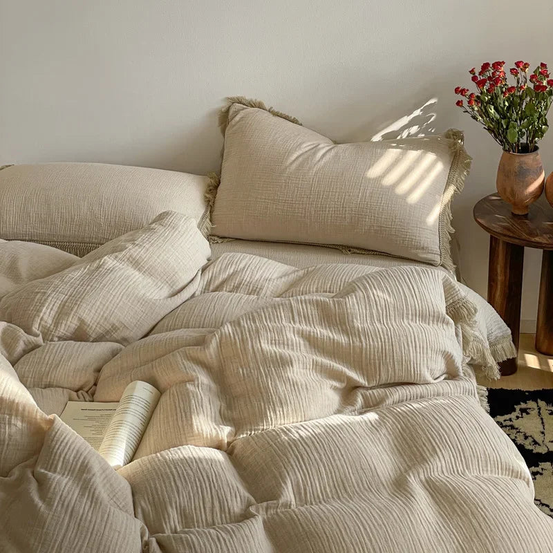 Afralia™ Luxury Retro Cotton Tassel Bedding Set for Queen King Comforter Cover