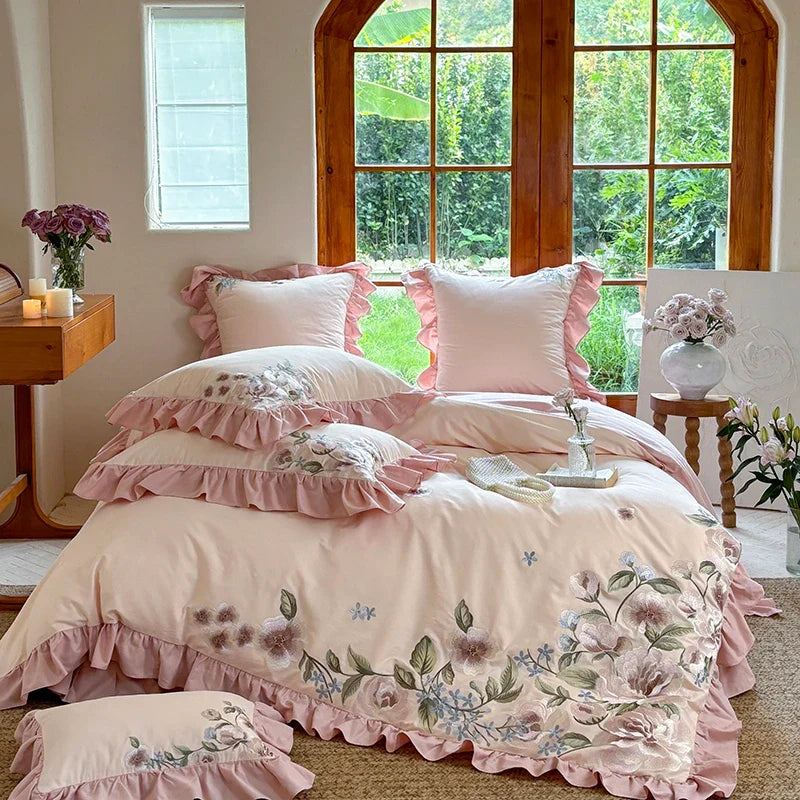Afralia™ Luxury Flowers Embroidery Princess Bedding Set - 1000TC Egyptian Cotton