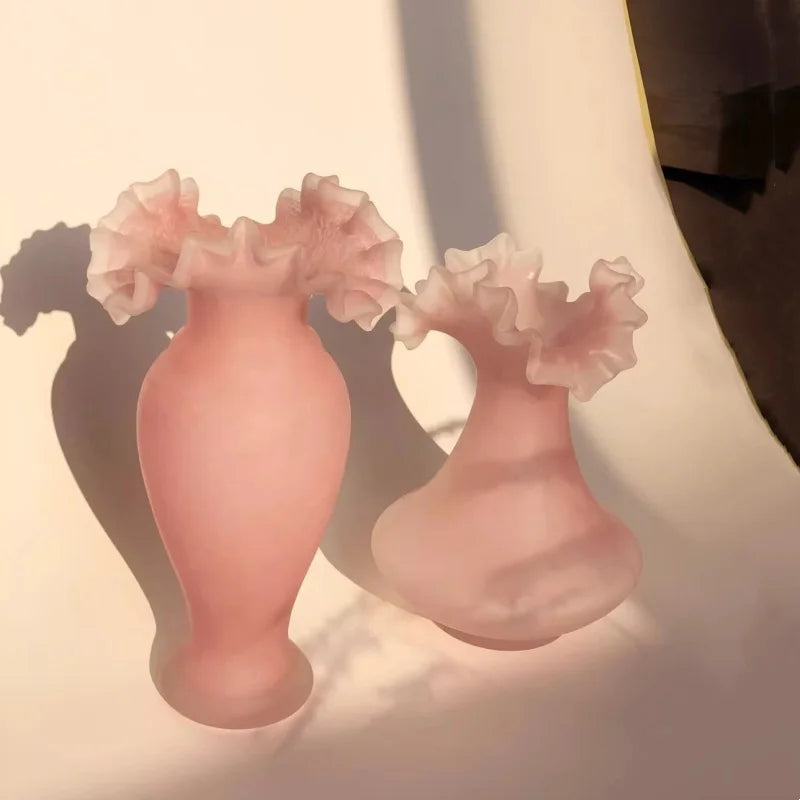 Afralia™ Pink Glass Vase Wave Fold Frosted Vase Floral Arrangement Terrarium Decoration