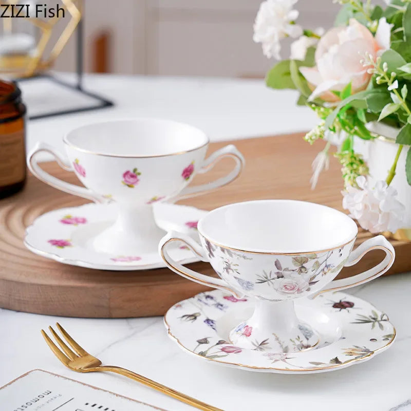 Afralia™ Gold Flower Porcelain Goblet Cup Tea Coffee Mug Juice Cup