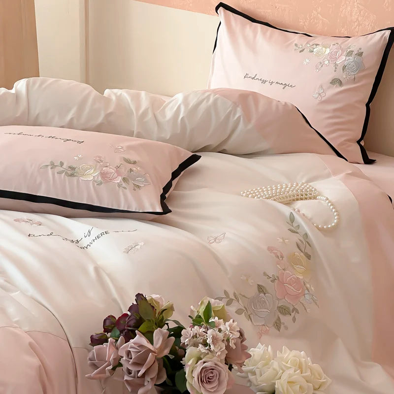 Afralia™ Pink Blue Flowers 4Pcs Princess Bedding Set Embroidered Duvet Cover Sheets