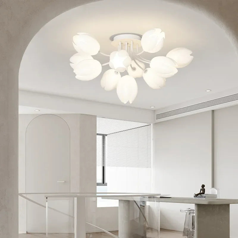 Afralia™ Nordic White Lily Blossom LED Chandelier for Living Dining Kitchen Bedroom