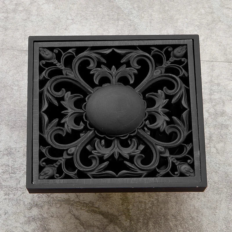 Afralia™ Black Brass Shower Drain Strainer Floor Cover Square Art Carved Grate Basins SY-073R