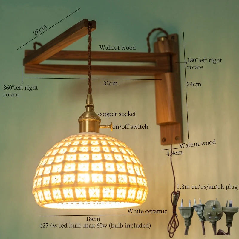 Afralia™ Ceramic LED Wall Sconce Walnut Wood Copper Pull Chain Switch Light