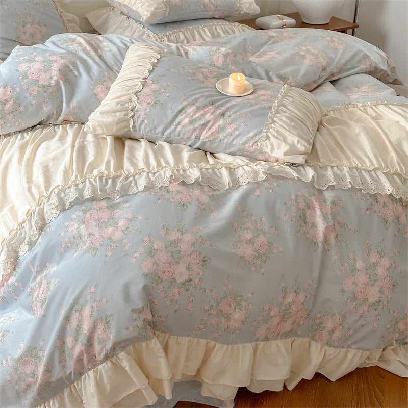 Afralia™ French Floral Bedding Set: Vintage Country Flowers with Ruffles, Duvet Cover, Flat Sheet & Pillowcases