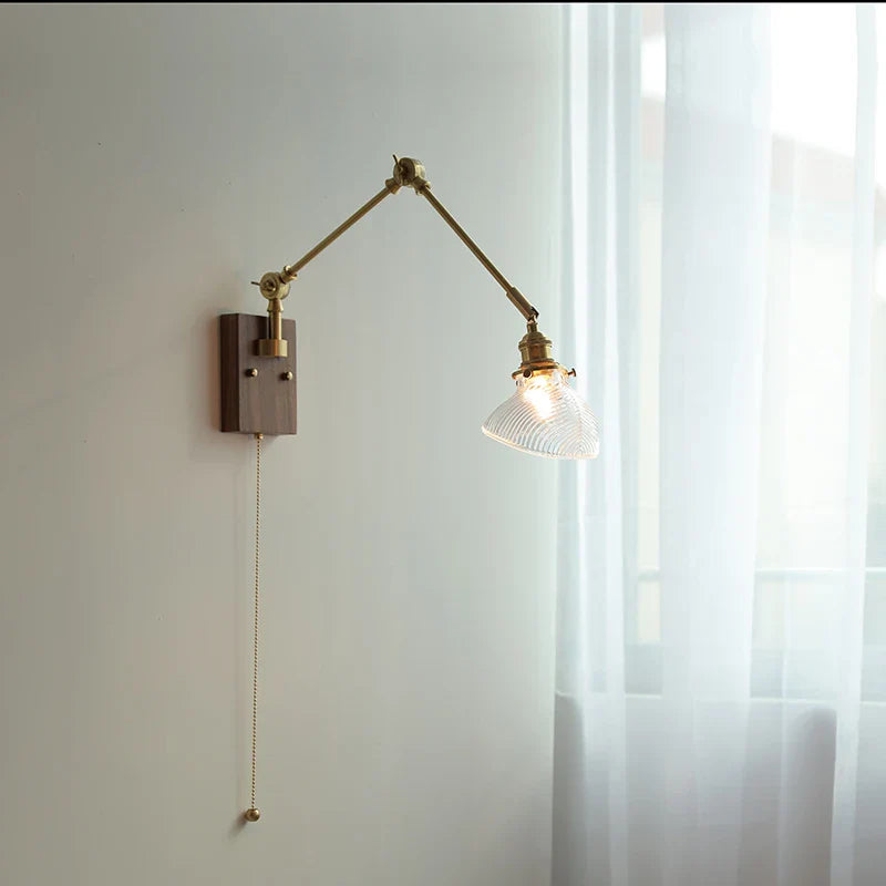 Afralia™ Nordic Green LED Swing Arm Wall Lamp Sconce Glass Walnut Wood Mirror Light