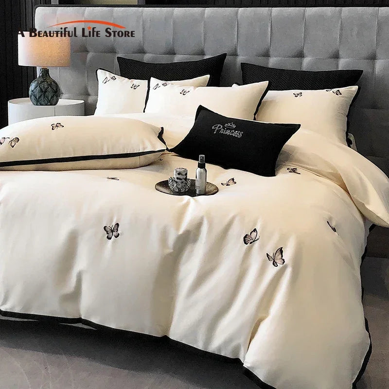 Afralia™ 600TC Egyptian Cotton Butterfly Embroidery Bedding Set: Duvet, Sheet, Pillowcases