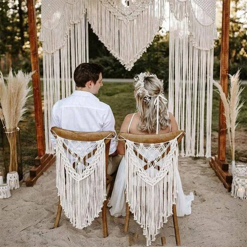 Afralia™ Macrame Wedding Chair Back Tapestry - Mr & Mrs Boho Woven Cotton Valance