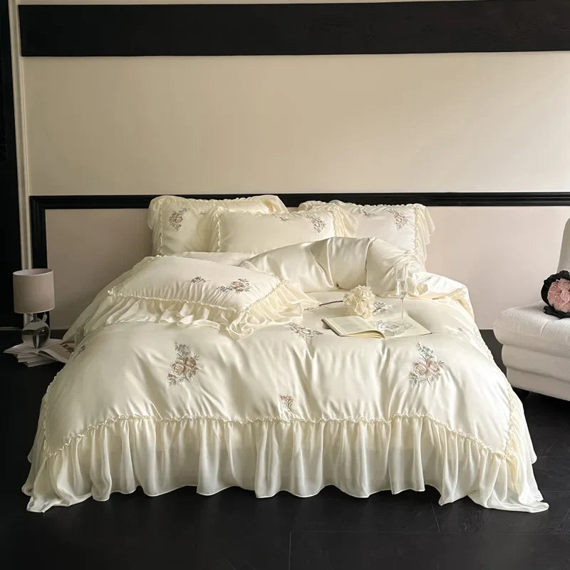 Afralia™ Flowers Embroidery Lace Ruffles Bedding Set in Soft Lyocell Fabric