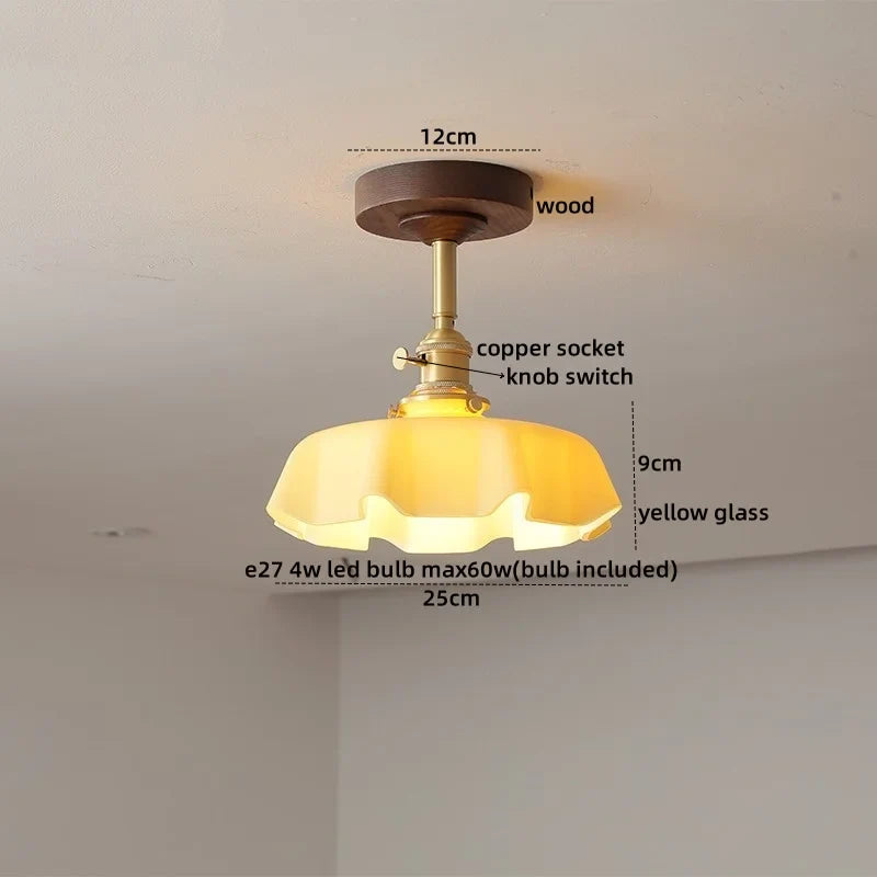 Afralia™ Amber Glass Copper LED Ceiling Light Fixture for Modern Home Decor