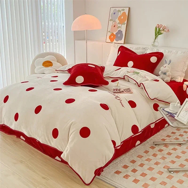 Afralia™ Polka Dot Milk Velvet Queen Bedding Set with Sheets & Pillowcases