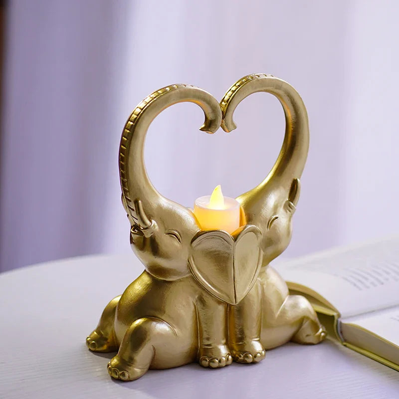 Afralia™ Elephant Couple Resin Candlestick Figurines Decor