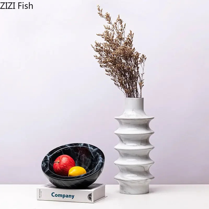 Afralia™ Marble Pattern Vase with Artificial Flowers for Desk Decoration and Home Display