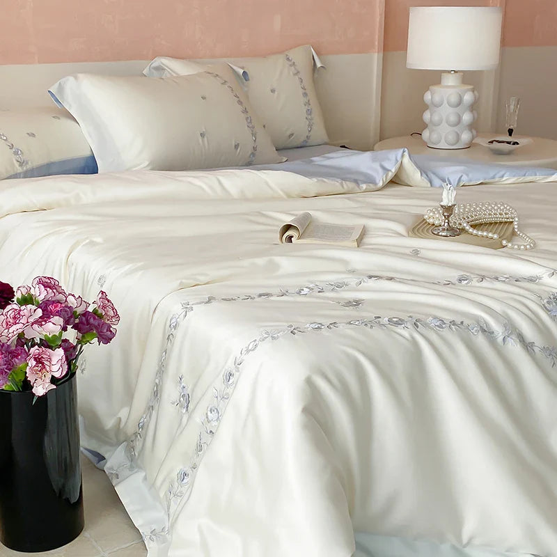 Afralia™ Rose Flowers Embroidery Bedding Set - Soft Lyocell Cotton, Silky Duvet Cover, Sheet, Pillowcases