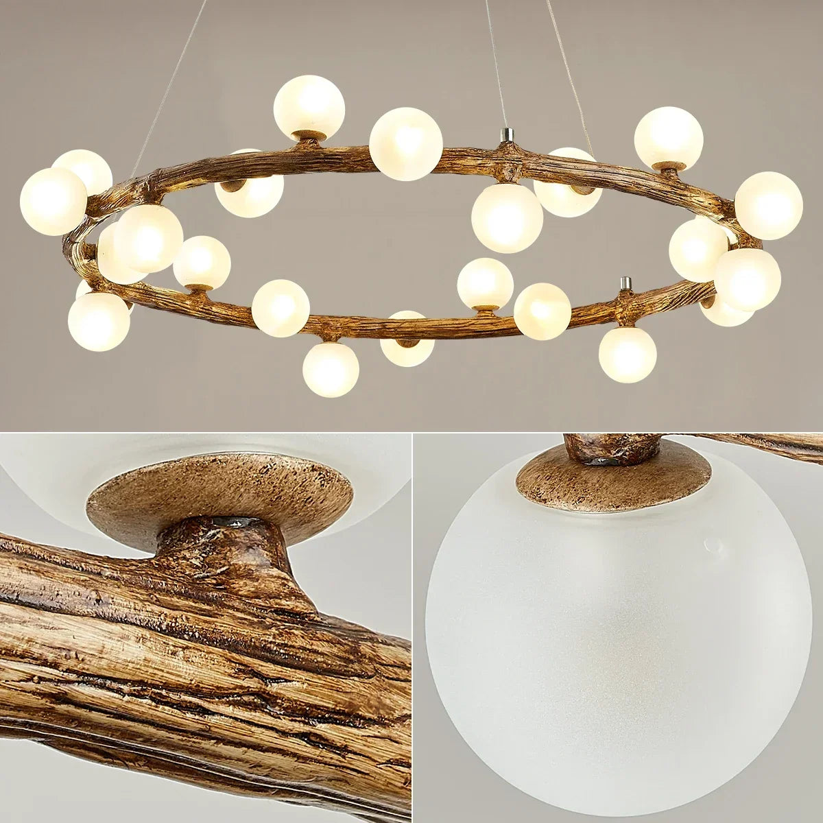 Afralia™ Retro Wood Twig LED Chandelier Pendant Light for Dining Room Kitchen Decoration
