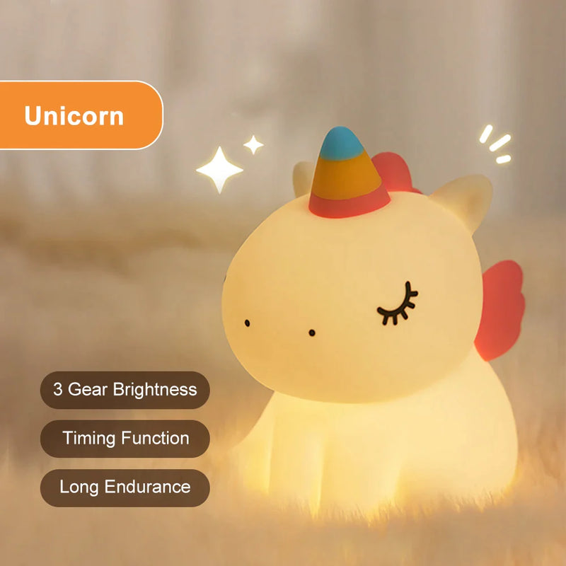 Afralia™ Unicorn Silicone LED Night Light USB Rechargeable Kids Animal Night Lamp