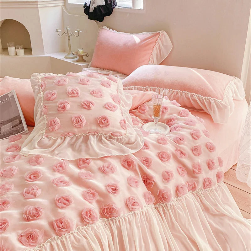 Afralia™ Velvet Rose Flowers Lace Patchwork Princess Bedding Set Queen 4Pcs 200x230cm