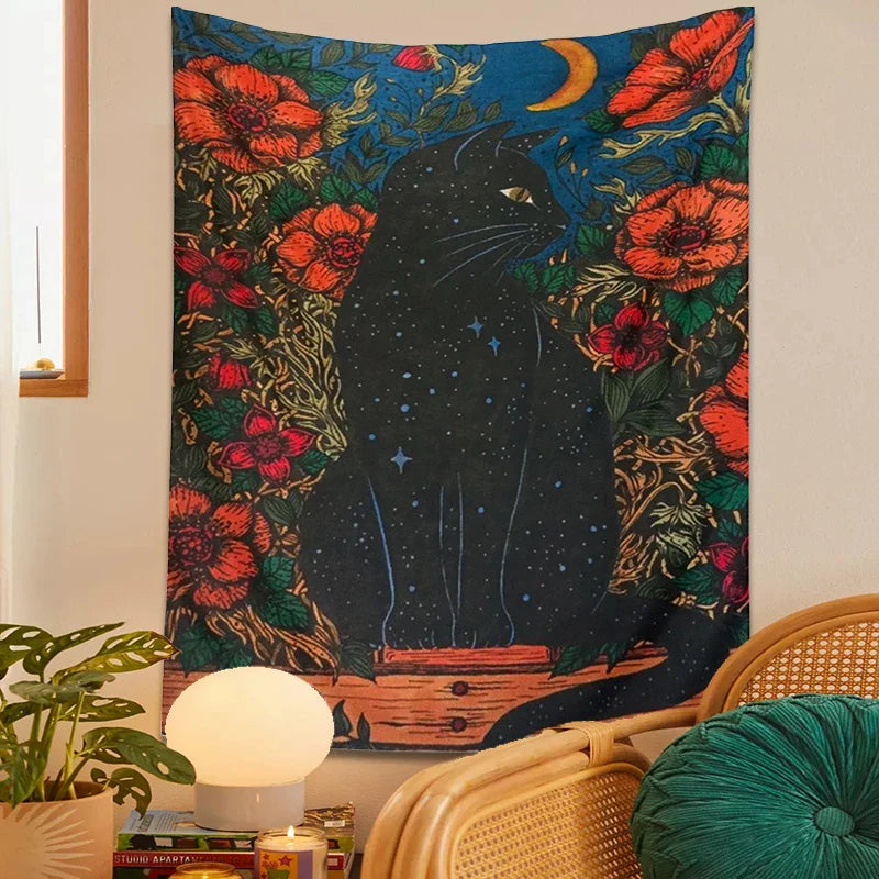 Black Cat Moon Tapestry Wall Hanging for Cute Aesthetics Home Decor by Afralia™