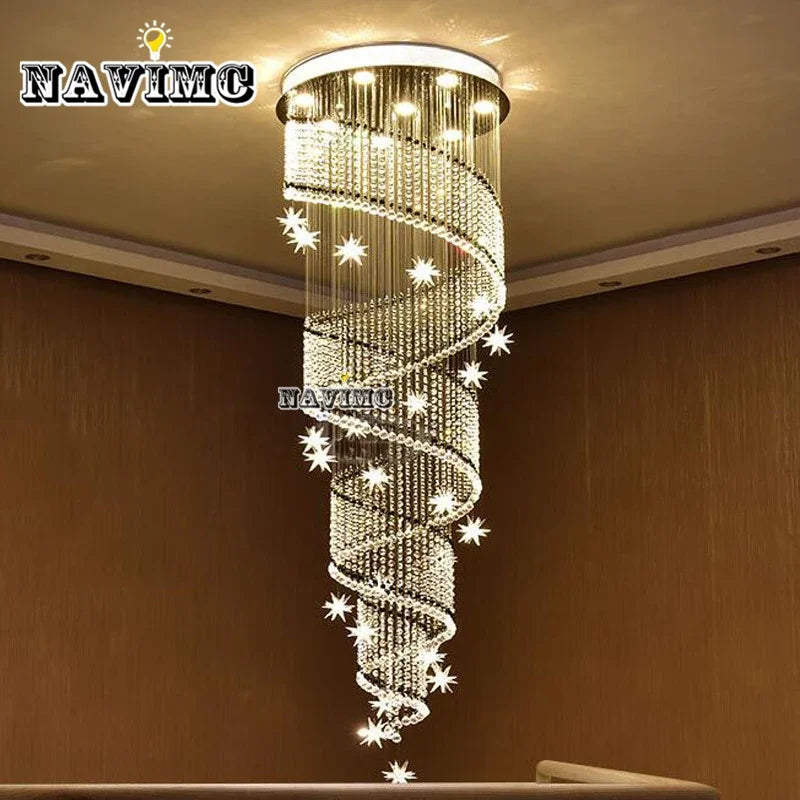 Afralia™ Moon & Star Crystal Chandelier: Spiral Design for Lobby and Staircase Lighting