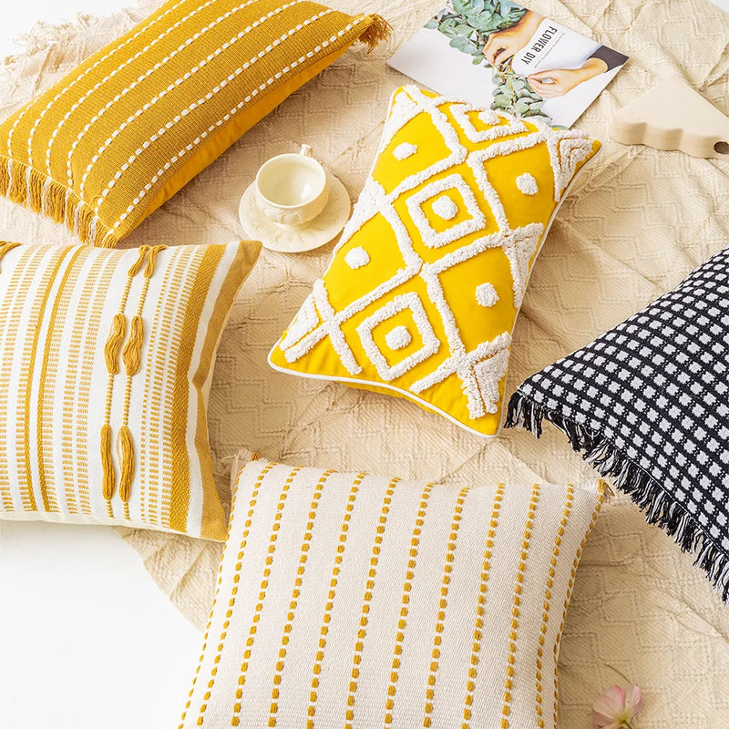 Afralia™ Yellow Geometric Tufted Cushion Cover with Crochet Tassels