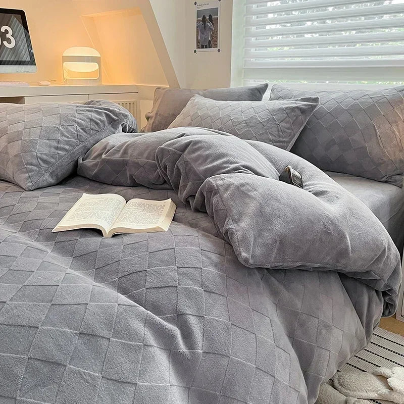 Afralia™ High-Density Milk Fleece Duvet Set with Winter Warmth King Bedding & Plush Blanket Cover