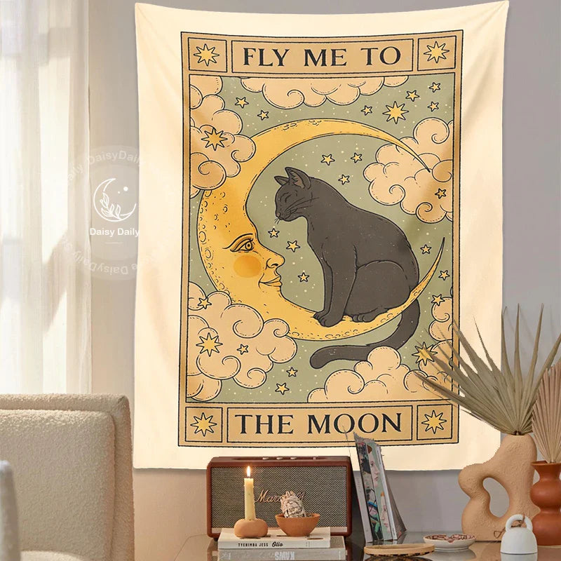 Afralia™ Moon Cat Tapestry Wall Hanging - Psychedelic Star Aesthetic Home Room Decor