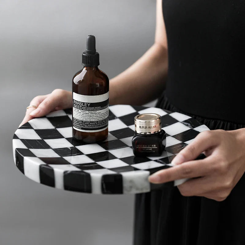 Afralia™ Marble Chessboard Print Tray: Nordic Style, Black & White, Luxury Stone Ornament