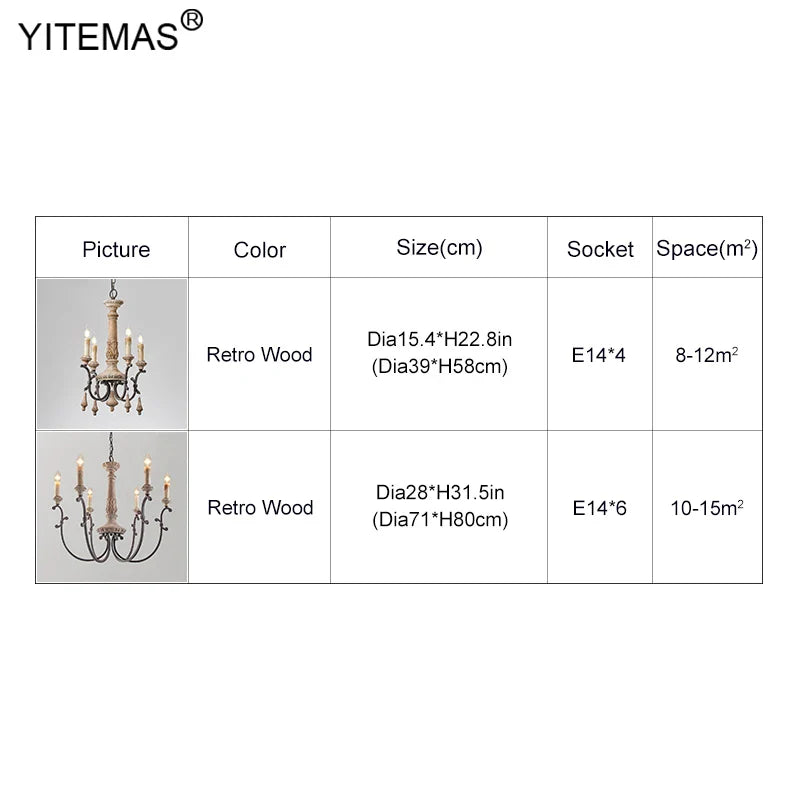 Afralia™ Vintage French Chandelier 6 Lights Retro Wooden 4 Lights for Living Room Bedroom Dining