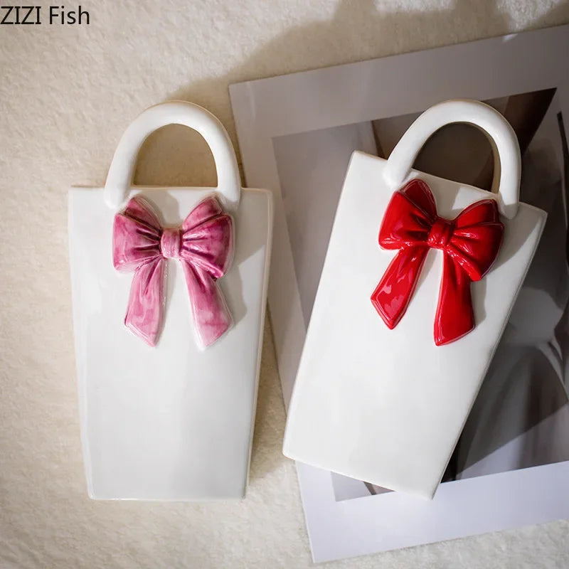 Afralia™ Bowknot Ceramic Vase Handbag Decor Table Flower Room Decor