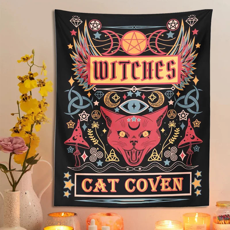 Afralia Cat Witchcraft Tapestry: Sun Moon Tarot Mushroom Divination for Home Decor