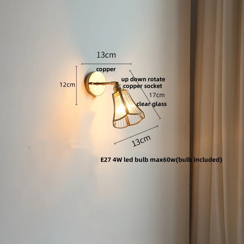 Afralia™ Copper LED Wall Lights Clear Glass Switch Bedside Lamp Nordic Modern