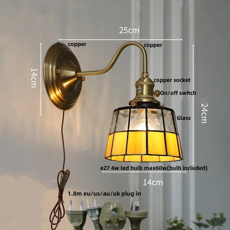 Afralia™ Vintage LED Wall Lights Kitchen Coffee Copper Glass Indoor Bedside Lamp