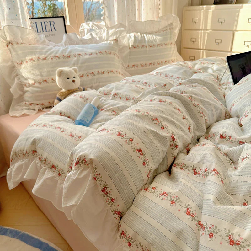 Afralia™ Floral Lace Ruffles Bedding Set 3/4Pcs Single Queen Size Duvet Cover