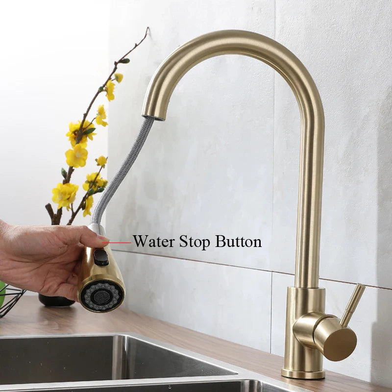Afralia™ Brushed Gold Single Handle Pull Out Kitchen Faucet