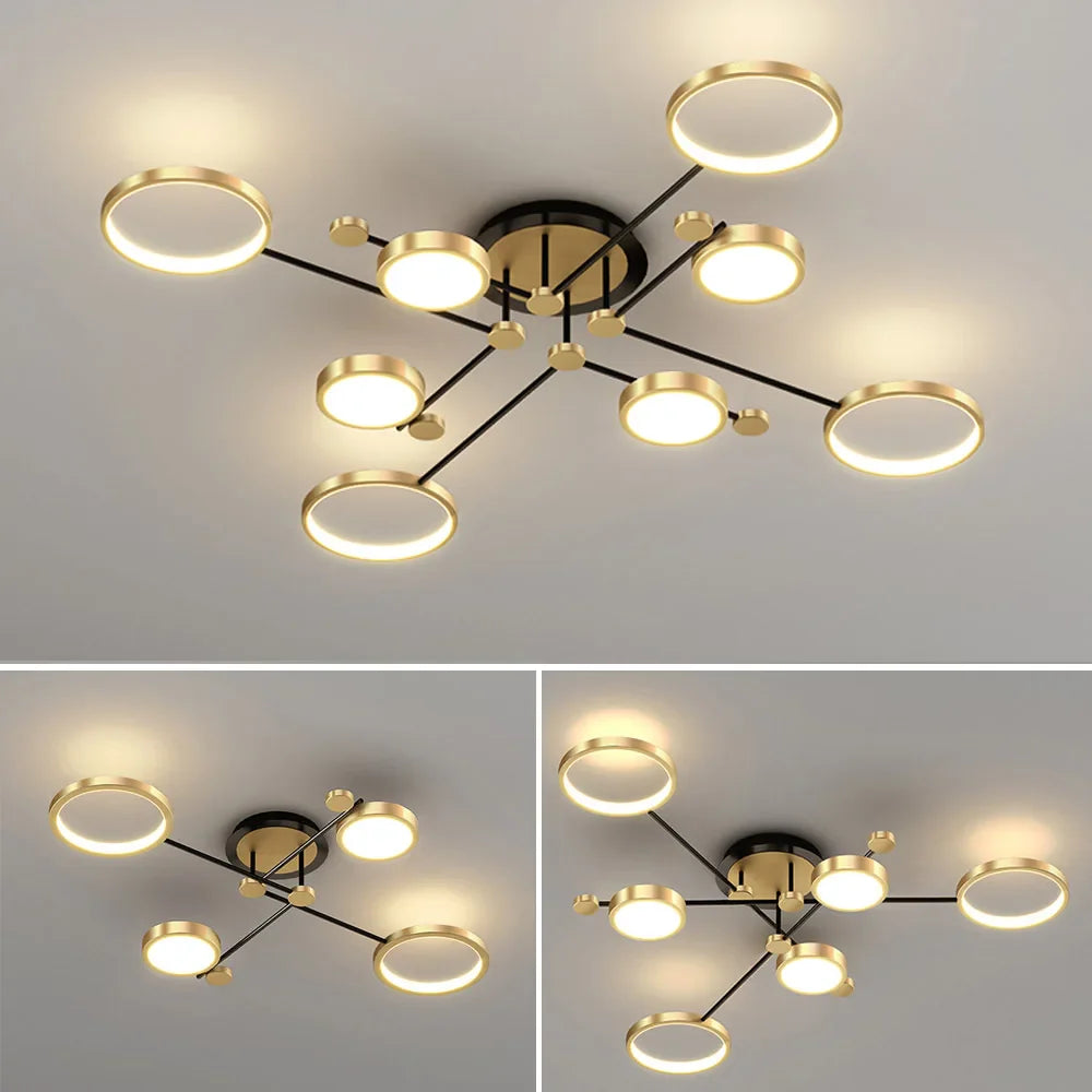 Afralia™ Modern LED Chandelier Gold Black Ceiling Light Dimmable Remote Control Nordic Style