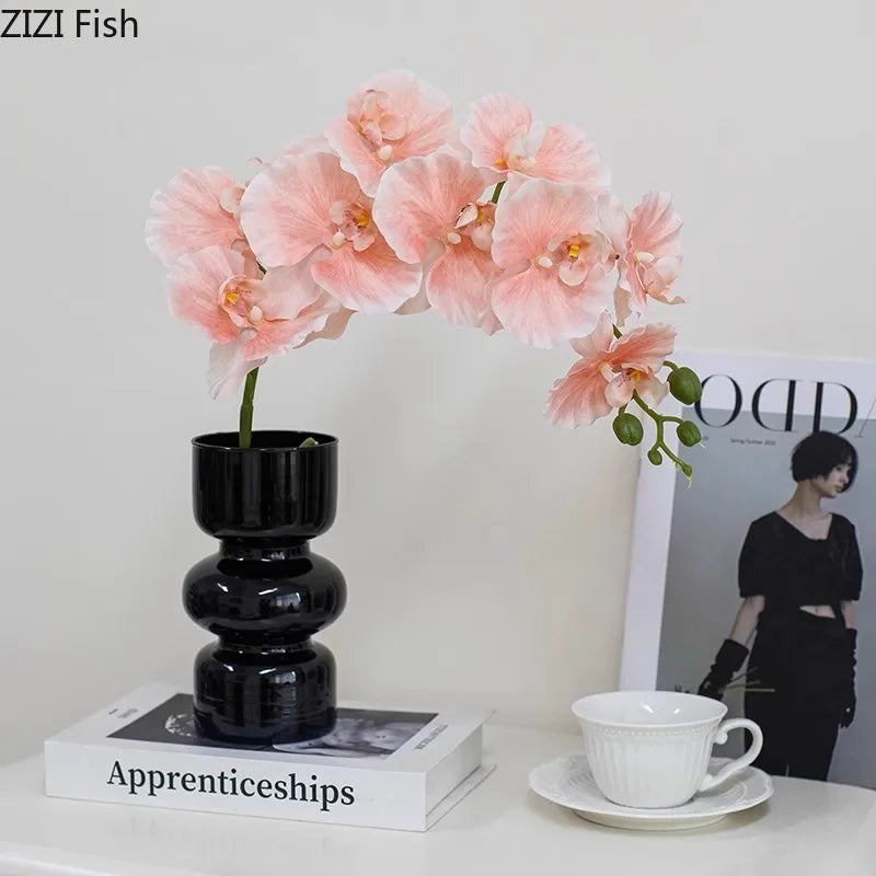 Afralia™ Black Glass Vase with Artificial Flowers for Stylish Room Decor