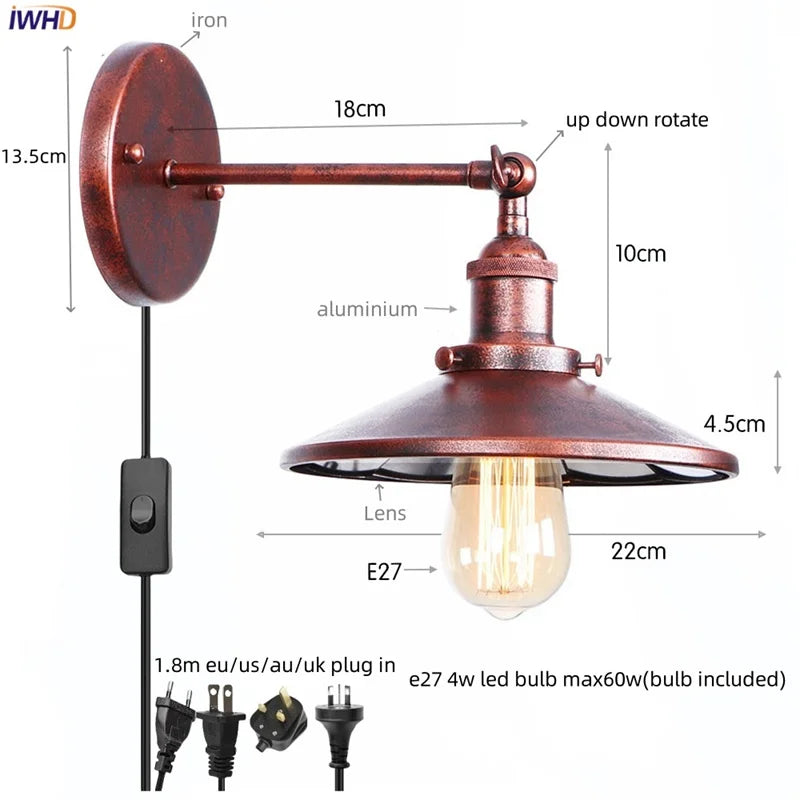 Afralia™ Vintage LED Wall Lights Pull Chain Lens Stair Aisle Bedside Lamp Iron Lightings