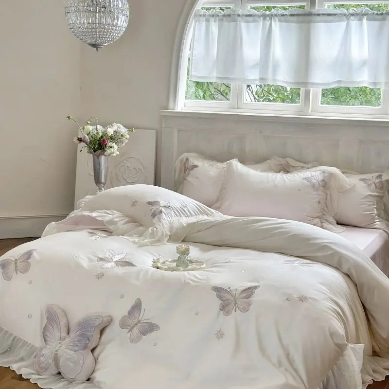 Afralia™ Butterfly Lace Ruffles Embroidery Bedding Set 4Pcs