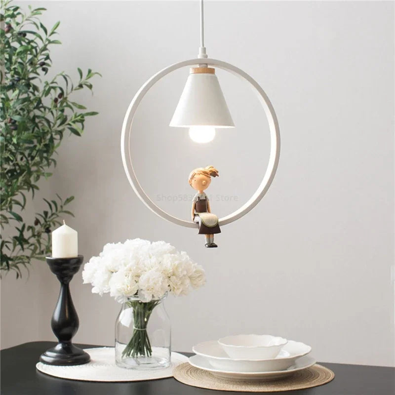 Afralia™ Iron Ring Pendant Lights Nordic Modern Child Bedroom Hanging Lamps Led Bird Light E27