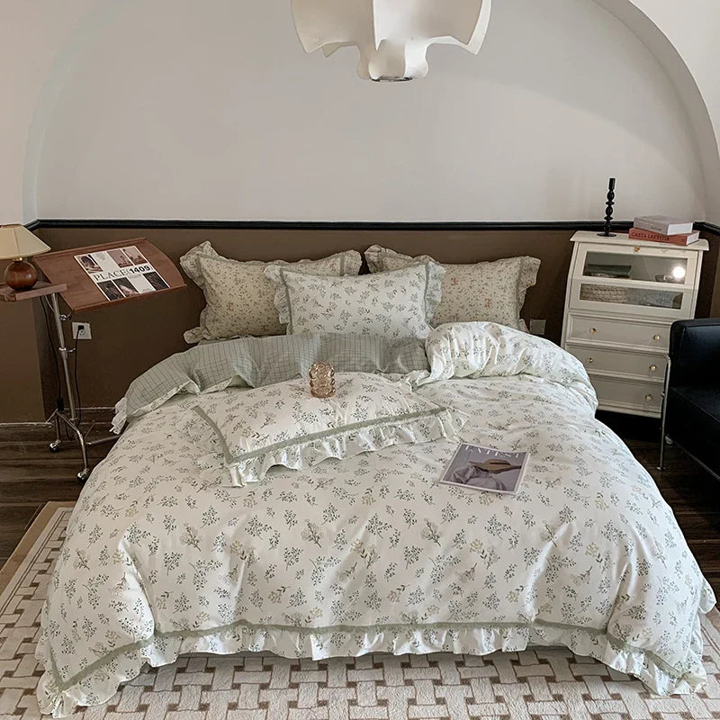 Afralia™ French Floral Bedding Set, 100% Cotton, Ruffles, Duvet Cover, Bed Sheet, Pillowcases