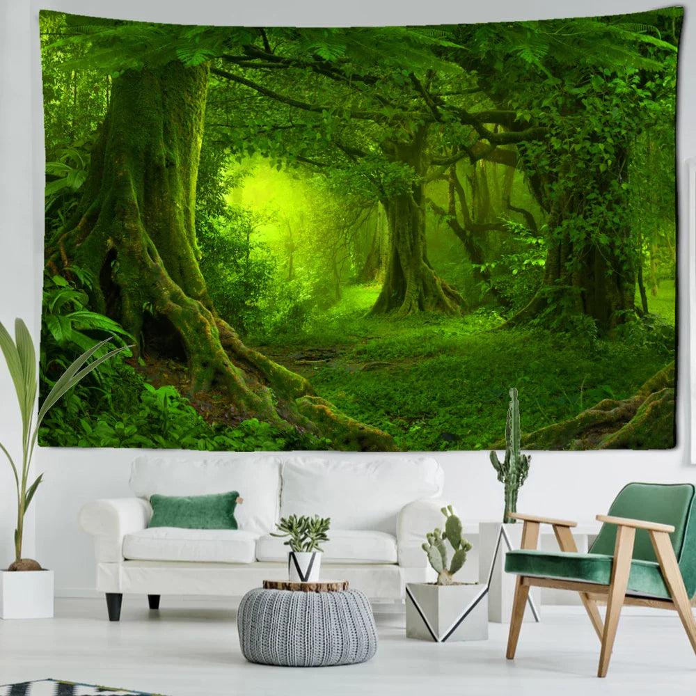 Green Leaf Forest Tapestry Wall Hanging by Afralia™ - Nature Scenery Boho Hippie Decor
