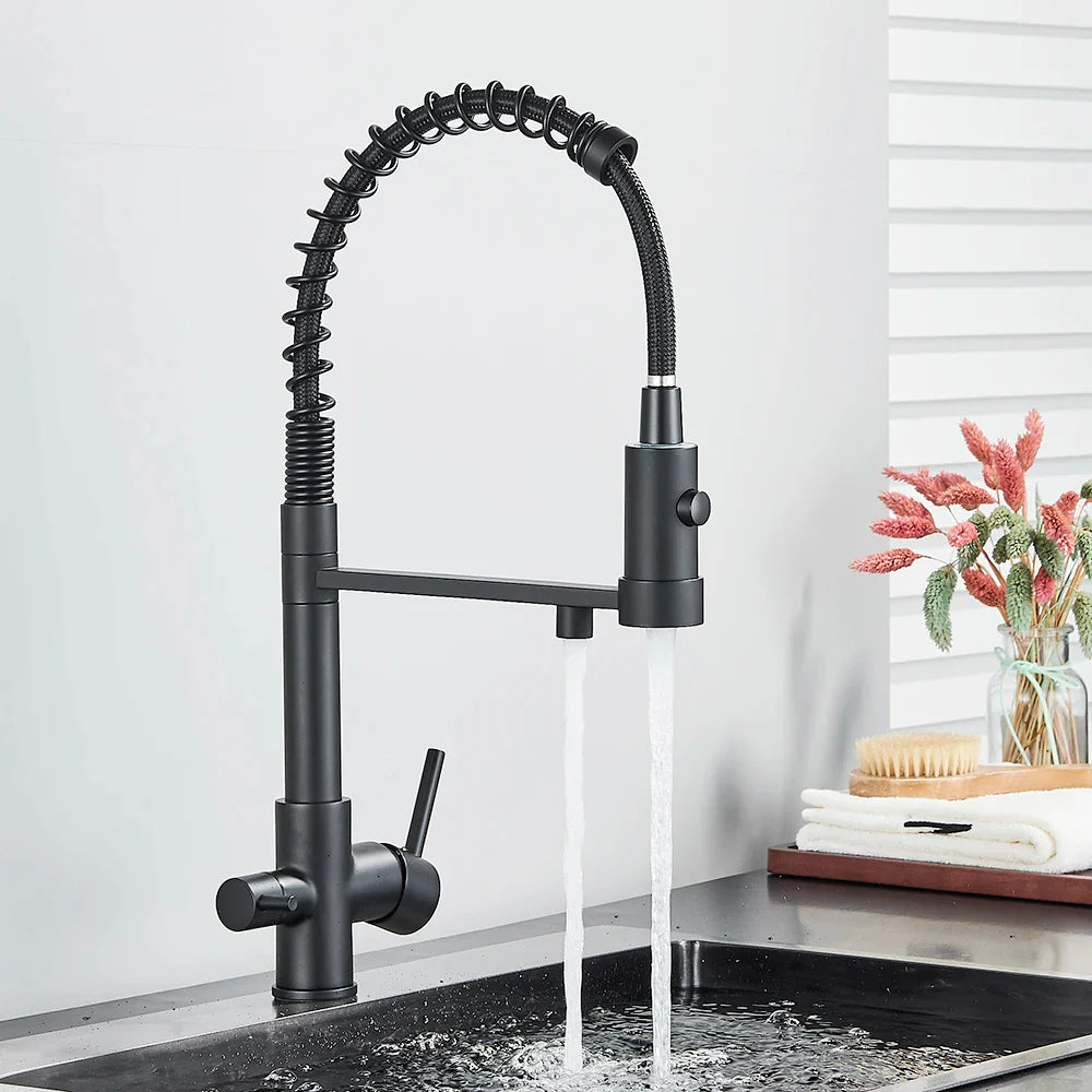 Afralia™ Matte Black Water Filter Kitchen Faucet Dual Handle Hot&Cold Drinking Pure Mixer