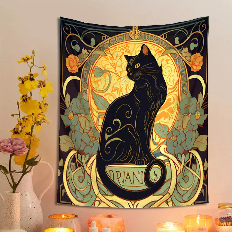 Afralia™ Black Cat Tapestry Wall Hanging Art Nouveau Floral Boho Decor